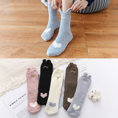 Coral velvet children's cartoon casual embroidery lined snowboard socks with 3D ears half-felt home sleep socks