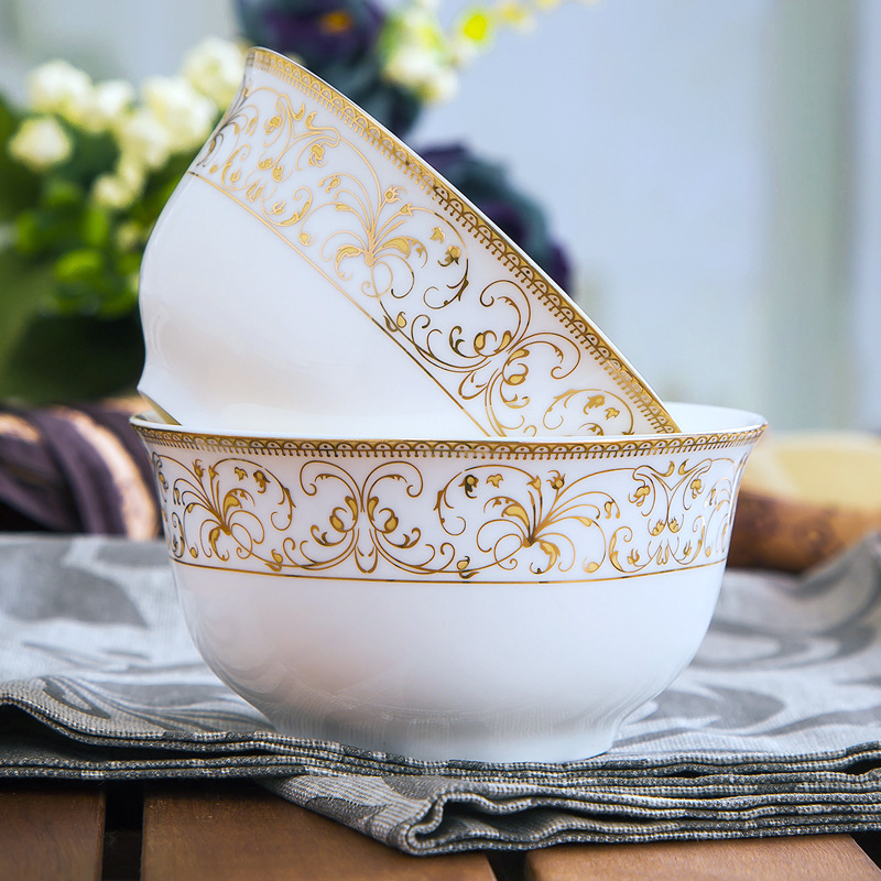 Ceramic Bowls and Plates with Gold Rim Sun Island Jingdezhen Ceramic Tableware Rice Bowl Deep Plate Bowl Plate Spoon Steak Western Food Plate
