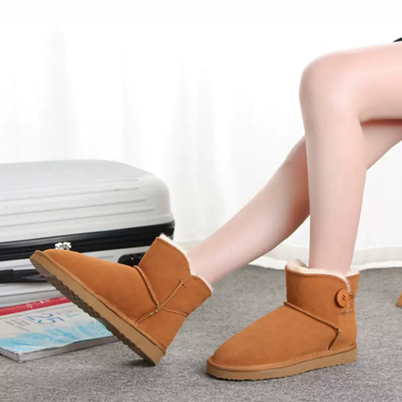 雪地靴女低筒3352牛皮款纽扣棉鞋雪地棉跨境代发男女大码外贸冬靴