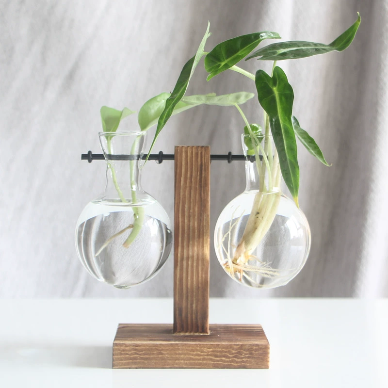 Деревянная рама гидропонная ваза (Tenghui) — янт High-Borosilicate стекло, ручная работа, настольная 1–2 бутылки