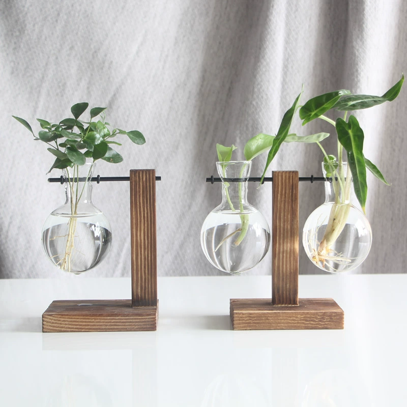 Деревянная рама гидропонная ваза (Tenghui) — янт High-Borosilicate стекло, ручная работа, настольная 1–2 бутылки
