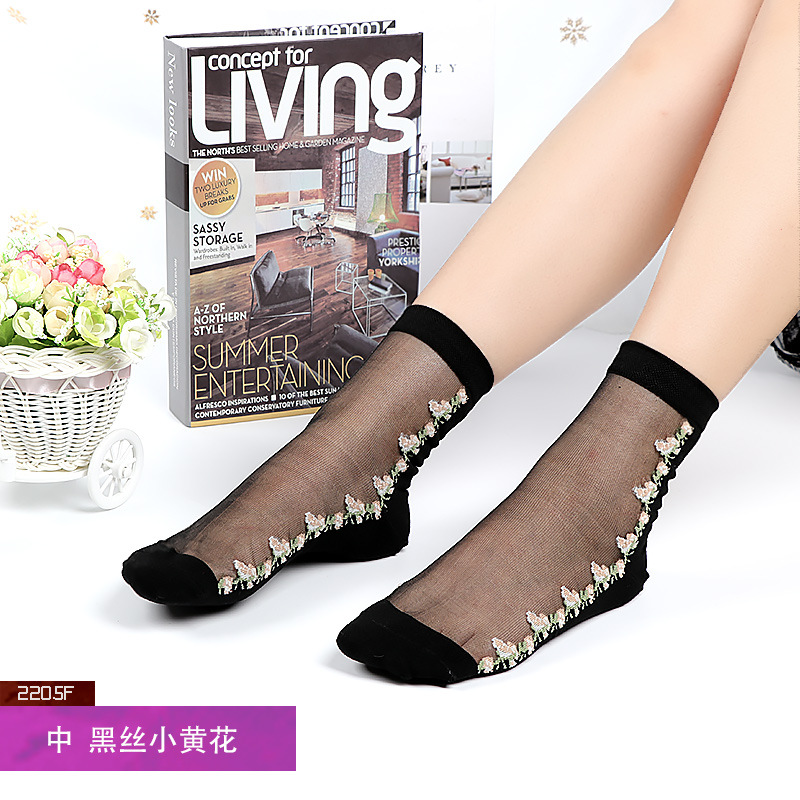 Corea del Sur moda tejida medias de cristal de flores simples medias de cristal de fondo de algodón de flores ultra-Delgado invisible media pantorrilla calcetines de mujer moda al por mayor