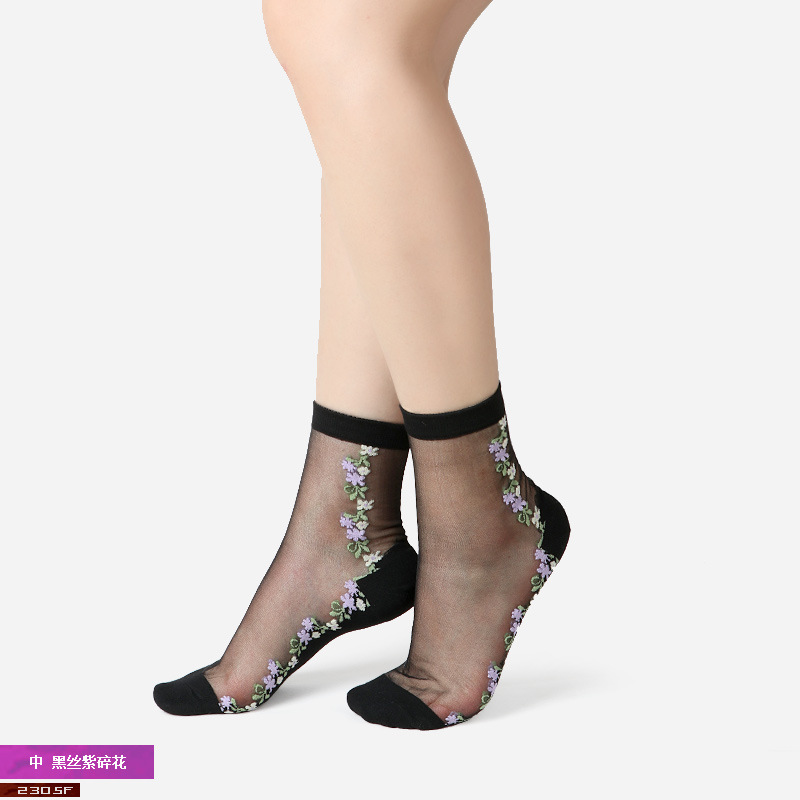 Corea del Sur moda tejida medias de cristal de flores simples medias de cristal de fondo de algodón de flores ultra-Delgado invisible media pantorrilla calcetines de mujer moda al por mayor
