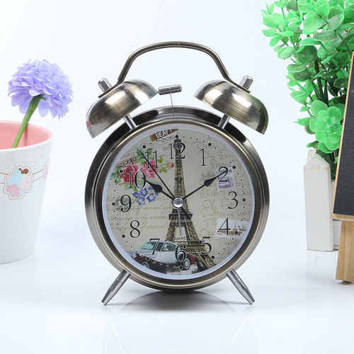 Factory Supply 4-inch Metal Plated Red Bronze Green Bronze Alarm Clock Night Light Creative Bell School Student Table Clock