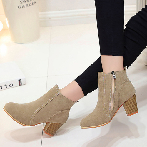 2018 Spring and Autumn New Red Pepper Rough Heel High Heel Boot with Sanding British Martin Boot Side Zip Bare Boot Foreign Trade