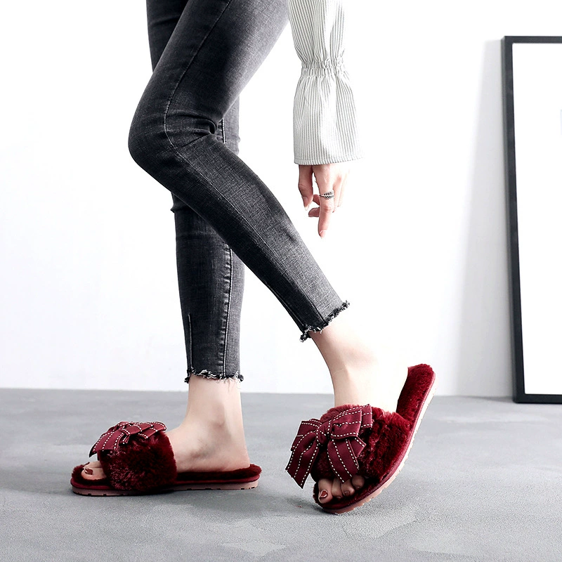 Корейская версия новых пушистых тапочек ручной работы, хлопковые тапочки с бантом, плюшевые внутренние Нескользящие теплые тапочки, зимние оптом