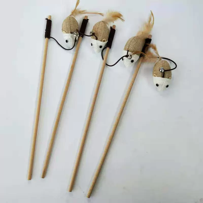 麻布诱饵逗猫玩具 实木带铃铛木杆逗猫棒 老鼠厂家直销
