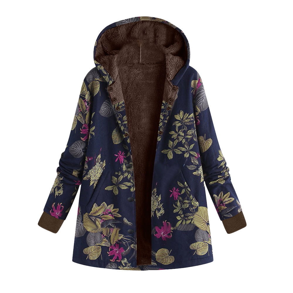 Abrigo de algodón grueso con capucha y manga larga acanalado para mujer, con estampado floral vintage, chaqueta con capucha de talla grande 9958 image 10