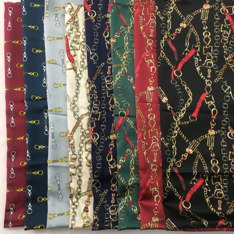 新款链条弹力缎印花面料 链条锁链真丝缎印花面料 服装饰品印花布