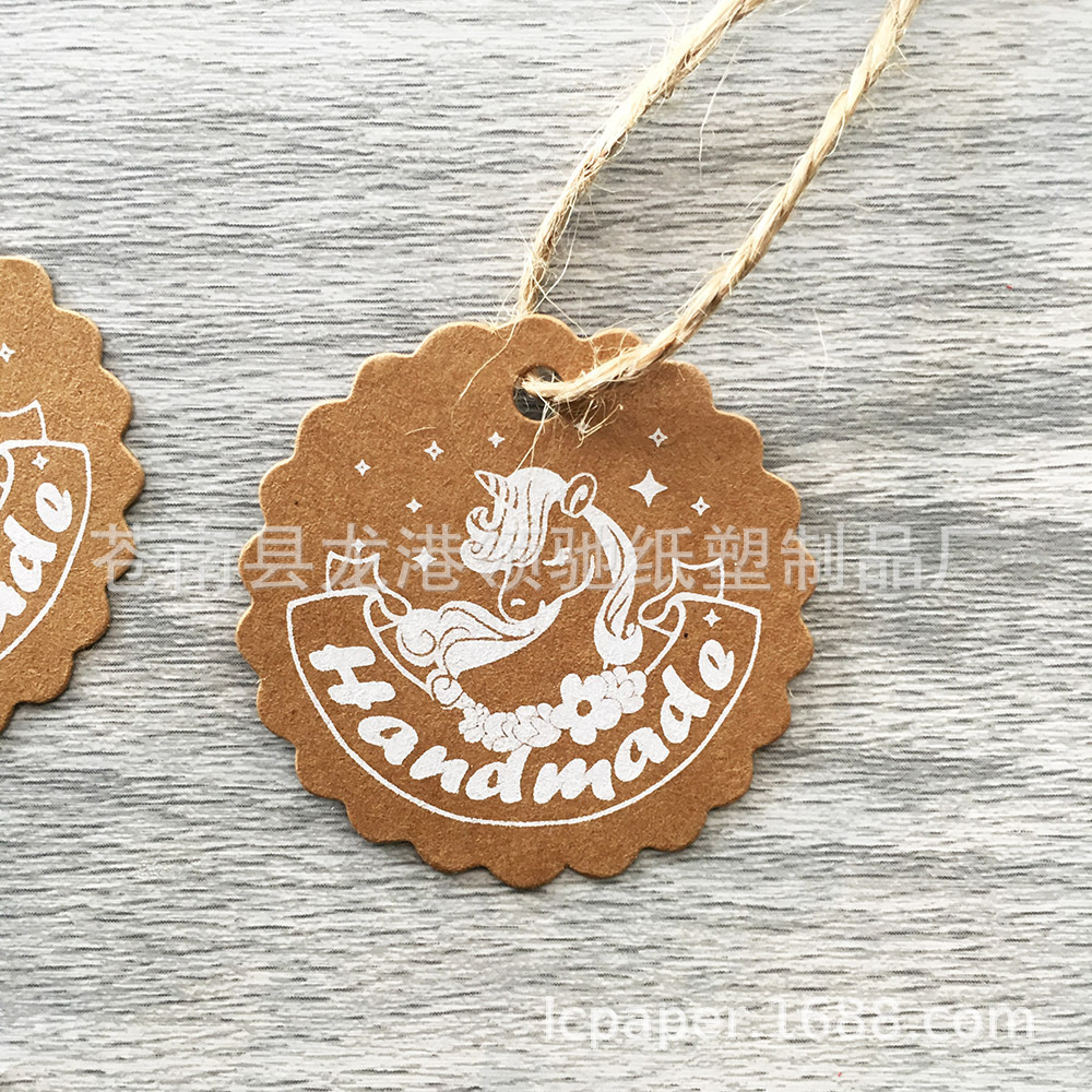 新款独角兽花边圆牛皮纸印白handmade吊牌 礼物手工烘焙标签50pcs