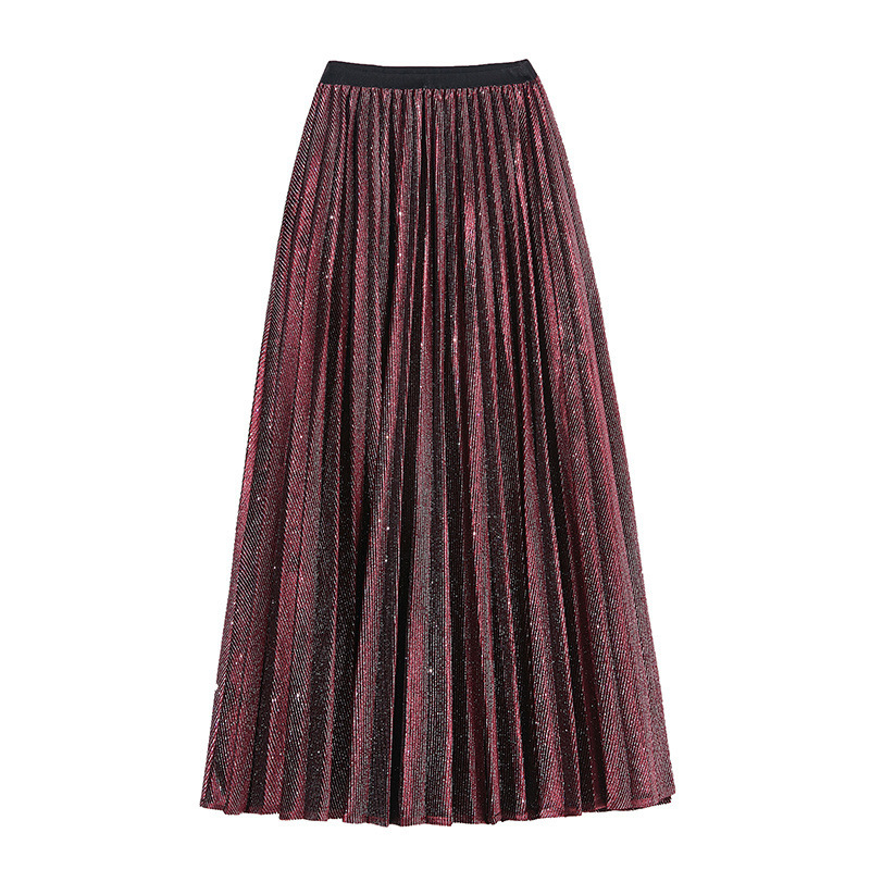 Abbigliamento da donna Gonna a pieghe in velluto con stampa oro alla moda da donna Gonna di media lunghezza Gonna a trapezio in seta lucida a vita alta_voghion.com