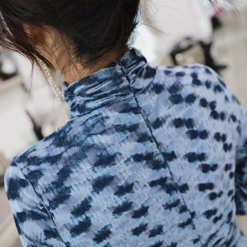 Váy nhung cổ cao ôm sát body nữ phong cách Hàn Quốc — Màu xanh lam