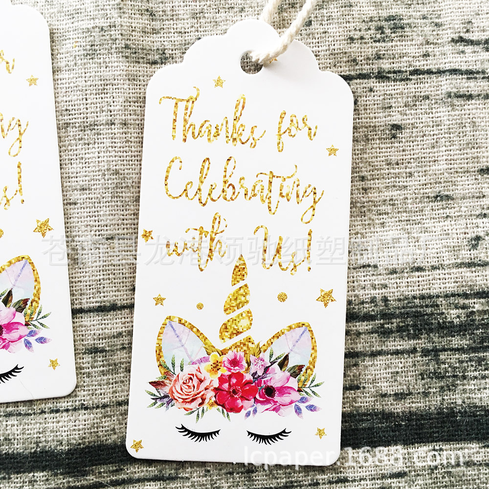 新款鲜花独角兽印花白卡吊牌thanks婚庆派对感谢邀请卡