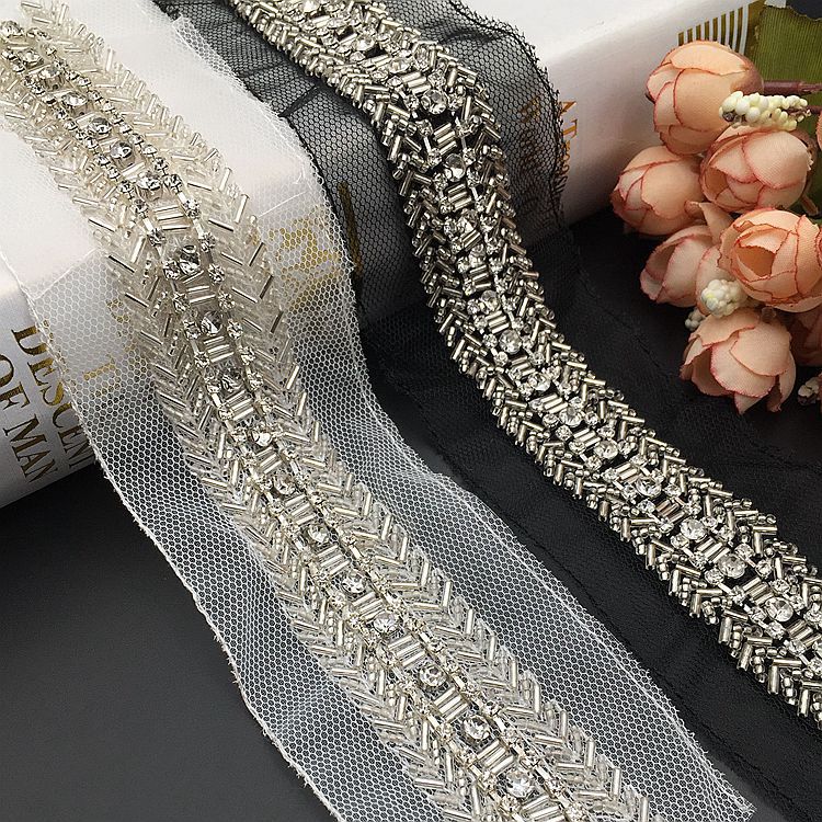 厂家新款人字手工钉珠水钻链条头巾服装礼服蕾丝配饰辅料花边批发