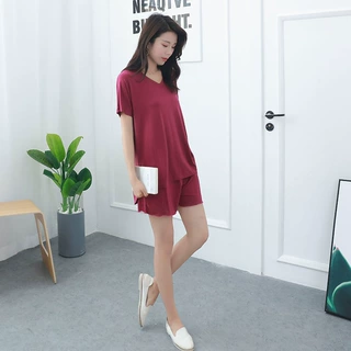 莫代尔女V领夏季宽松莫代尔女款短袖短裤V领四季通勤套装