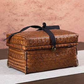 手工竹编茶具收纳盒 带盖旅行便携防尘整理盒 复古禅意茶道零配件