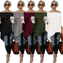 跨境新款 亚马逊速卖通Wis女装欧美一字领露肩不规则下摆上衣风衣