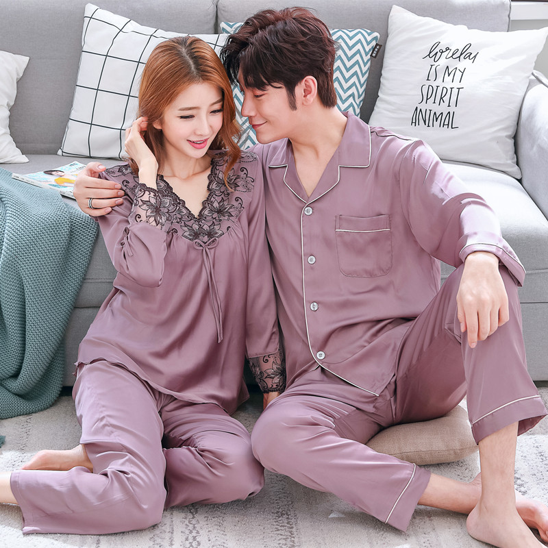 Autumn Pajamas New Middle-aged Thin Spring and Autumn Women's Long-sleeved Silk Two-piece Ice Silk Men's Home Clothes Suit