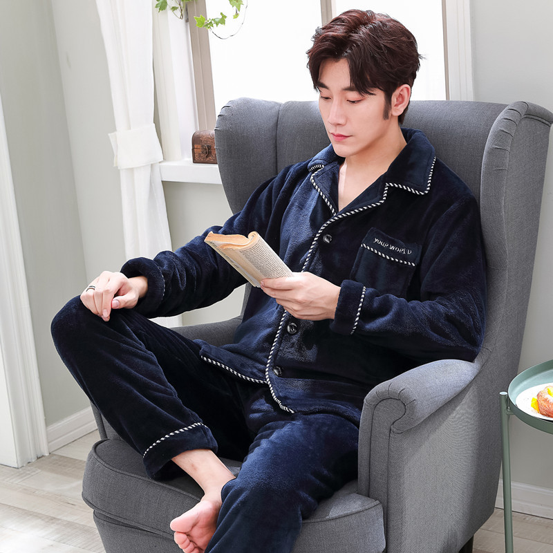 Men's Pajamas for Autumn and Winter, Thickened and Fleece-Lined, Coral Fleece, Winter Flannel, Warm Cardigan, Home Wear Set