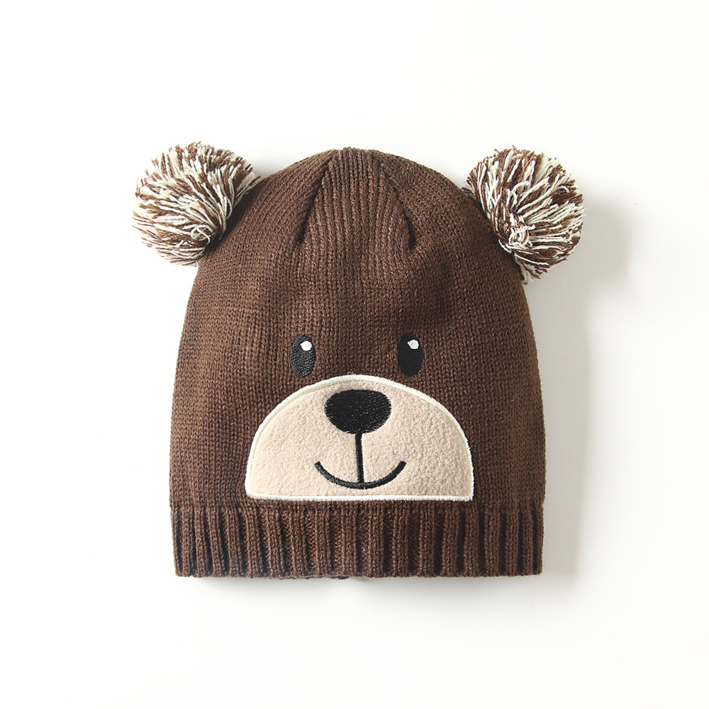 宝宝帽子秋冬新款针织卡通套头帽0-2岁保暖可爱小熊帽子儿童毛线