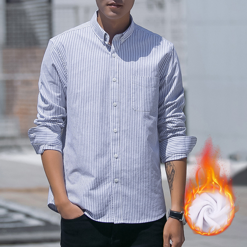 Camisa de Hombre Dongyu para Otoño e Invierno, Forrada de Felpa Cálida, Camisa de Manga Larga de Tela Oxford a Rayas, Camisa de Hombre de una Pieza al por Mayor