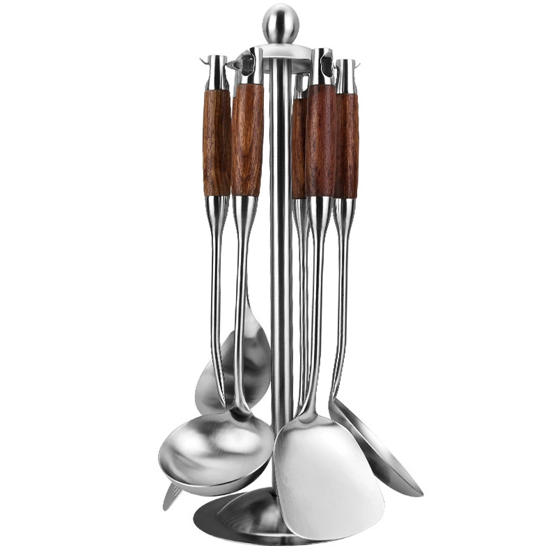 Kitchen utensil set, 304 stainless steel, rosewood handles, thickened with storage rack