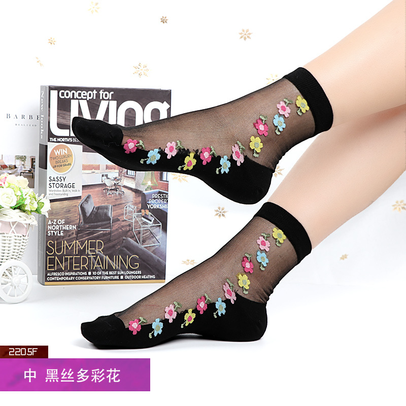 Corea del Sur moda tejida medias de cristal de flores simples medias de cristal de fondo de algodón de flores ultra-Delgado invisible media pantorrilla calcetines de mujer moda al por mayor