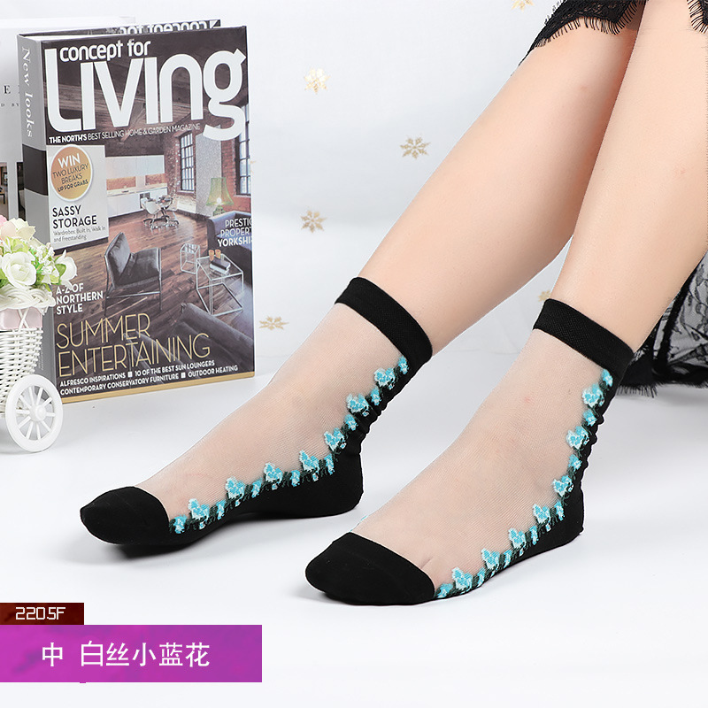 Corea del Sur moda tejida medias de cristal de flores simples medias de cristal de fondo de algodón de flores ultra-Delgado invisible media pantorrilla calcetines de mujer moda al por mayor