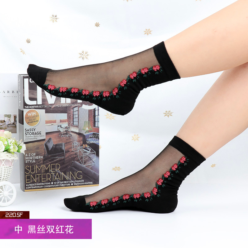 Corea del Sur moda tejida medias de cristal de flores simples medias de cristal de fondo de algodón de flores ultra-Delgado invisible media pantorrilla calcetines de mujer moda al por mayor