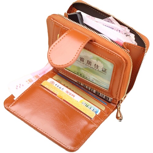 Women's short zipper coin purse oil wax leather coin bag small wallet card bag fashionable multi-card slot clutch Y007