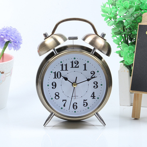 Factory Supply 4-inch Metal Plated Red Bronze Green Bronze Alarm Clock Night Light Creative Bell School Student Table Clock