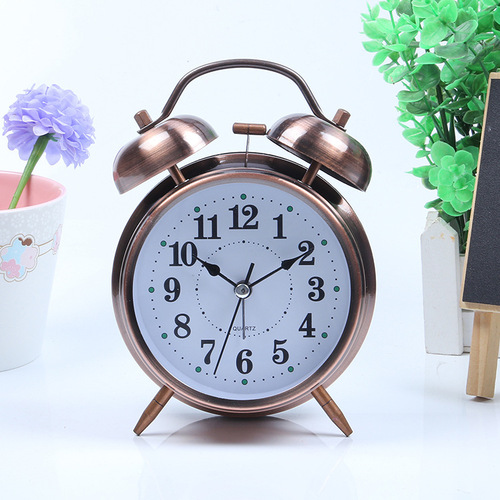 Factory Supply 4-inch Metal Plated Red Bronze Green Bronze Alarm Clock Night Light Creative Bell School Student Table Clock