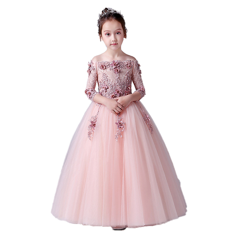 Girls Off-The-Shoulder Long Dress Princess Ball Gown Evening Performance Costume Flower Girl Birthday Emcee Dress_voghion.com