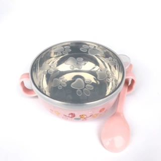 宝宝带盖手柄不锈钢辅食碗婴幼儿吃饭碗防摔卡通隔热碗送勺子