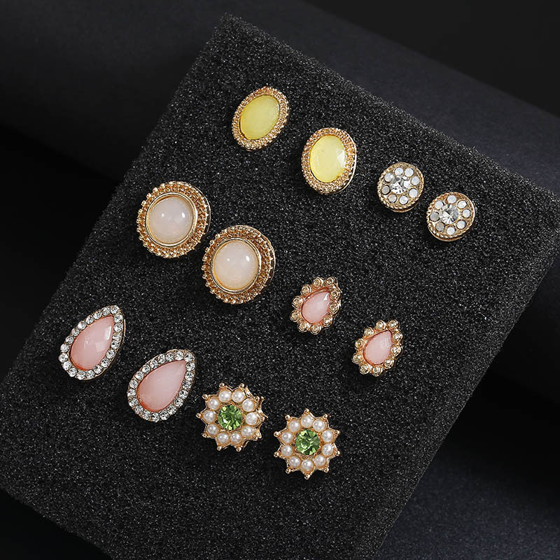 Pendientes de moda europeos y americanos - Juego de 6 pares con piedras de imitación - Pendientes al por mayor para comercio transfronterizo
