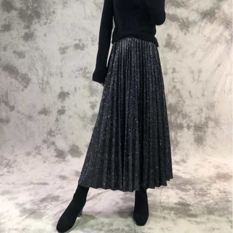 Abbigliamento da donna Gonna a pieghe in velluto con stampa oro alla moda da donna Gonna di media lunghezza Gonna a trapezio in seta lucida a vita alta_voghion.com