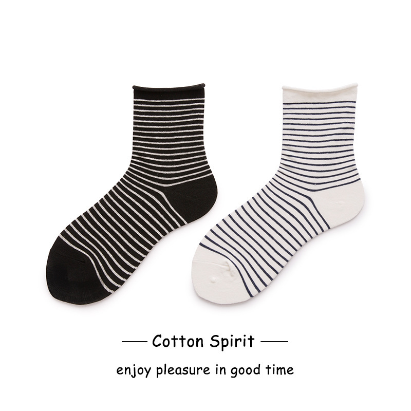 Cotton Spirit Striped Socks Women's Mid-length Socks Japanese Style All-match Simple Harajuku Fashion Black and White Curled Loose Socks