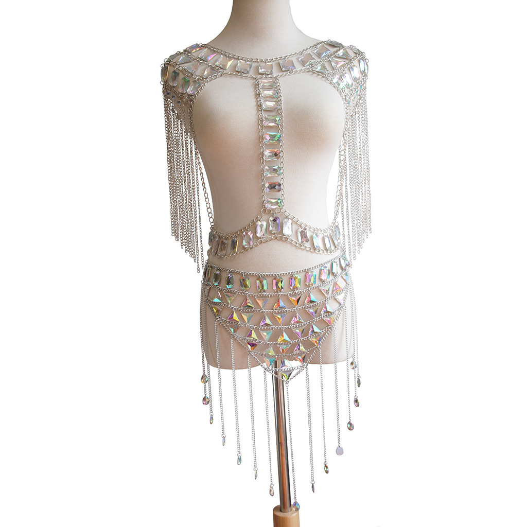 Cadena de pecho sexy europea y americana para mujer, estilo veraniego de playa, chaleco con borlas, conjunto de cadenas corporales de acrílico con gemas, venta al por mayor transfronteriza. image 5