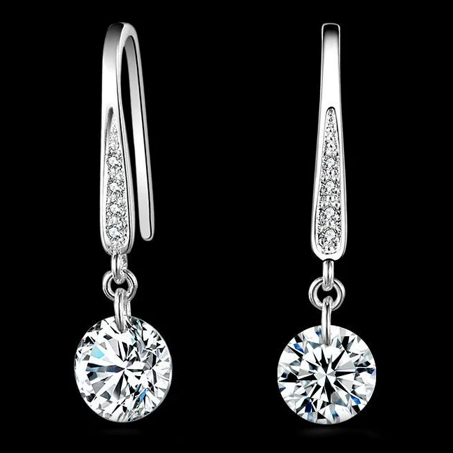 Silver‑tone zircon drop earrings, Korean style, delicate hook dangle (item 413)