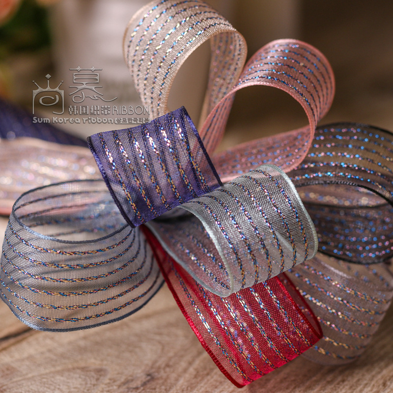 韩国进口织带 金葱条纹雪纱带diy发饰材料礼品礼盒花束包装丝带