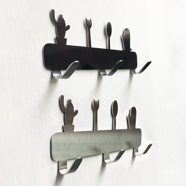 Scandinavian European and American Cactus Tableware Stainless Steel 3-Piece Hook Without Punching Strong Adhesive Hook Bathroom Row Hook Clothes Hook