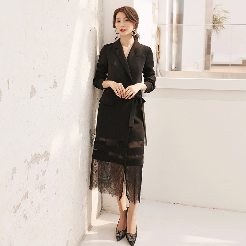 Thai Trendy Brand Suit V Neck Long-Sleeved Satin Sexy Dress Black Lace Stitching High-Waisted Women's Skirt 64386