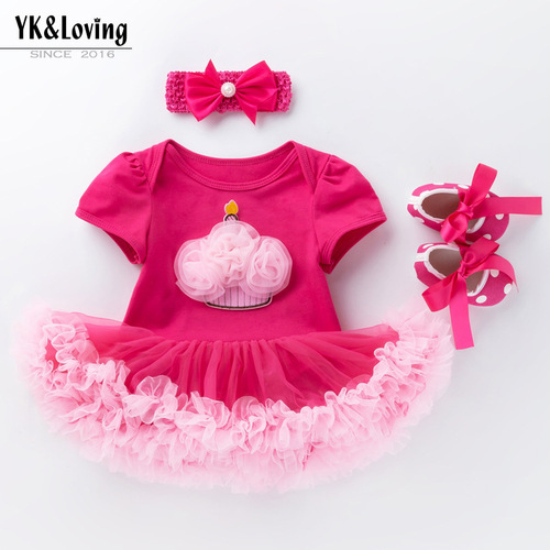 Cross-border  new summer dress for baby girl holiday cartoon short-sleeved rose red dress three-piece suit birthday skirt