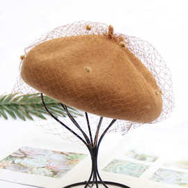 秋冬新款羊毛呢画家帽子英伦复古蕾丝网纱贝雷帽女优雅时尚时装帽