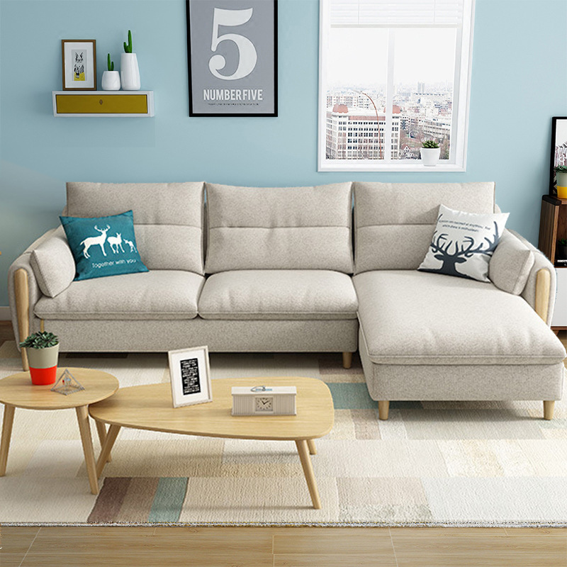 Sala de estar de tela sofá de esquina combinación de látex sofá de tres asientos nórdico moderno minimalista apartamento dormitorio muebles de madera maciza