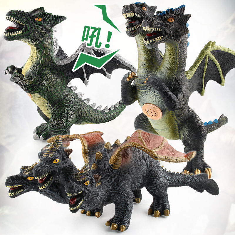 Fábrica al por mayor de los niños de simulación Jurásico dinosaurio modelo de gran sonido suave pegamento relleno de algodón de doble cabeza dragón mágico modelo