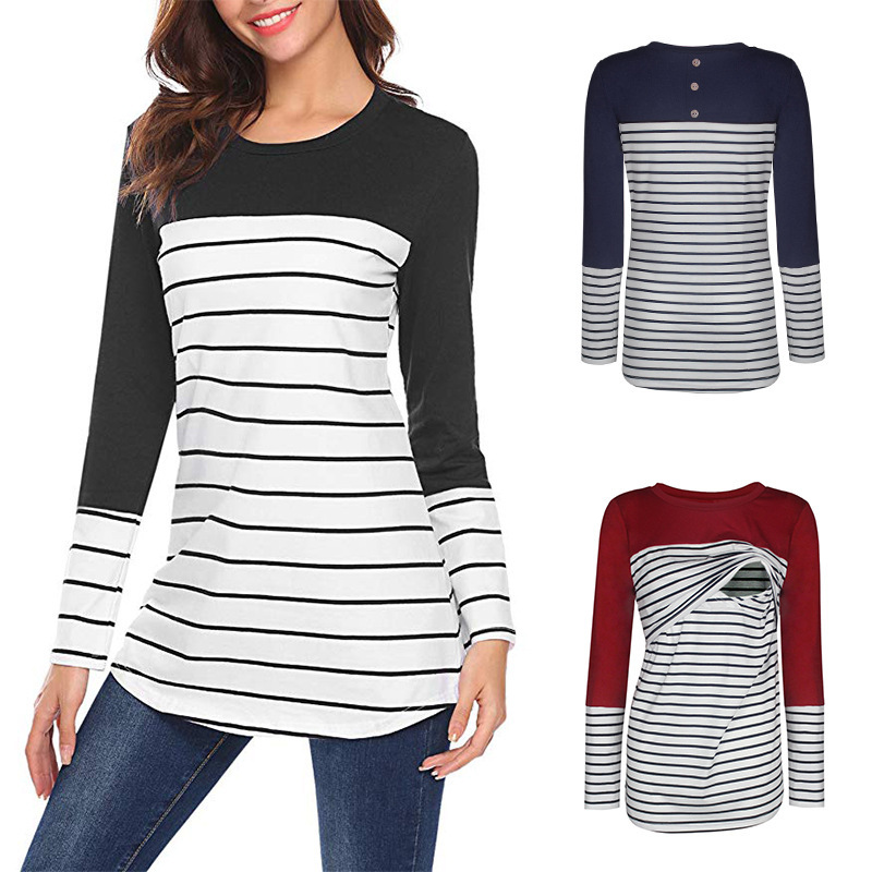 2025 Amazon Ebay Aliexpress Women's Round Neck Patchwork Striped Long-Sleeved T-Shirt Maternity Nursing Wear