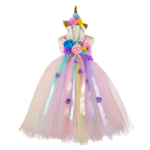 Sweet Fairy Princess Dress Unicorn Long Gown Puff Dress Girls Cute Flower Dress Tutu Dress