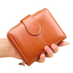 Women's short zipper coin purse oil wax leather coin bag small wallet card bag fashionable multi-card slot clutch Y007