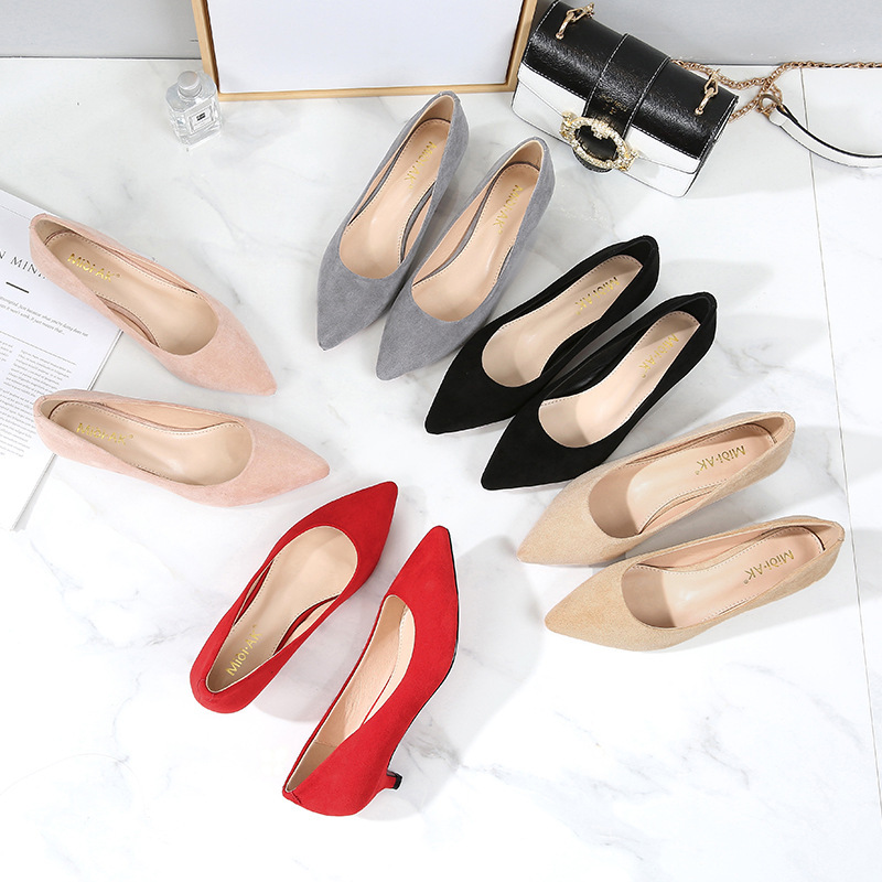 2022 Spring High Heel Shoes New Suede Women's Shoes Large Size Work Shoes Women's Black Pointed Low Heels Women's Thin Heels